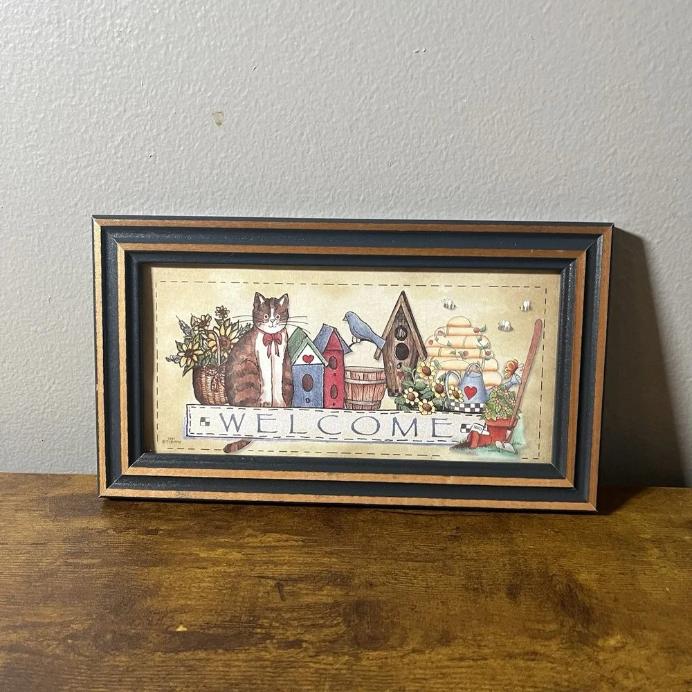 Vintage Primitive Country Folk Art Framed Welcome Cat Bees Garden Bird